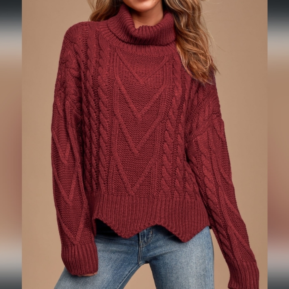 Lulus Call Me Cozy Wine Red Cable Knit Turtleneck Sweater